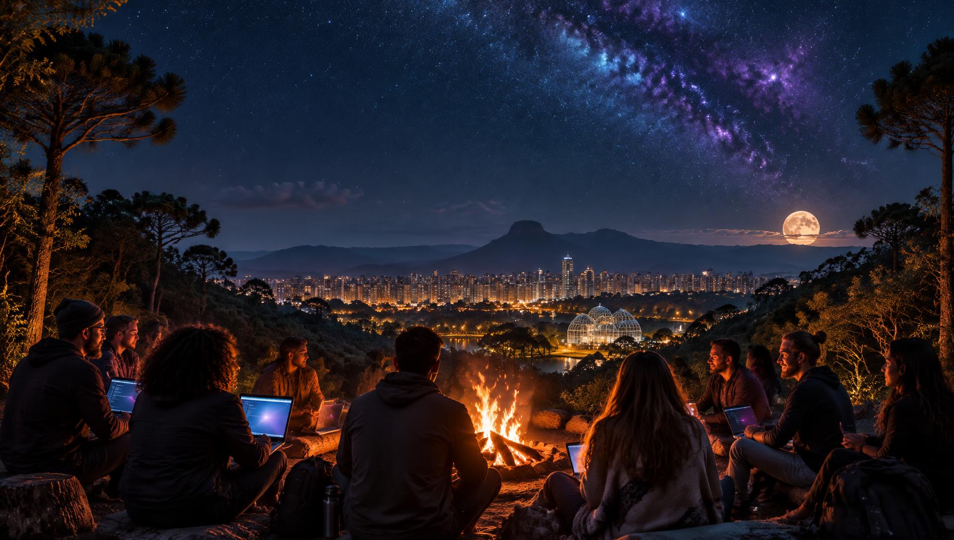 Pessoas reunidas ao redor de uma fogueira com notebooks, sob um céu estrelado